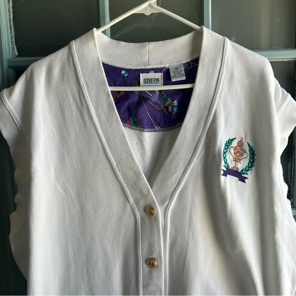 Vintage 80’s 90’s Sleeveless Golf Trophy Cotton Gold Button Up Cardigan White M